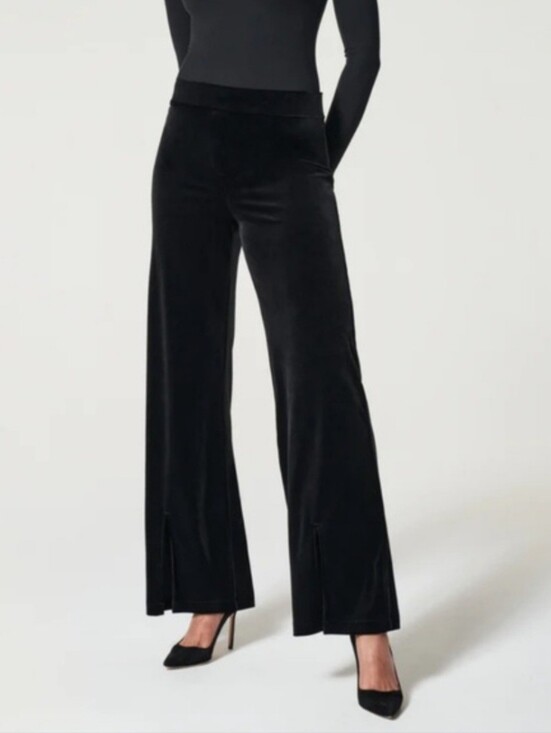 SPANX Pants - SPANX Black Velvet Wide-Leg Ponte Pants with Front Slits